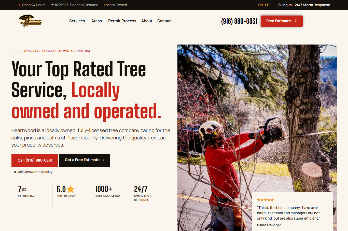 Website homepage for Heartwood Professional Tree Management