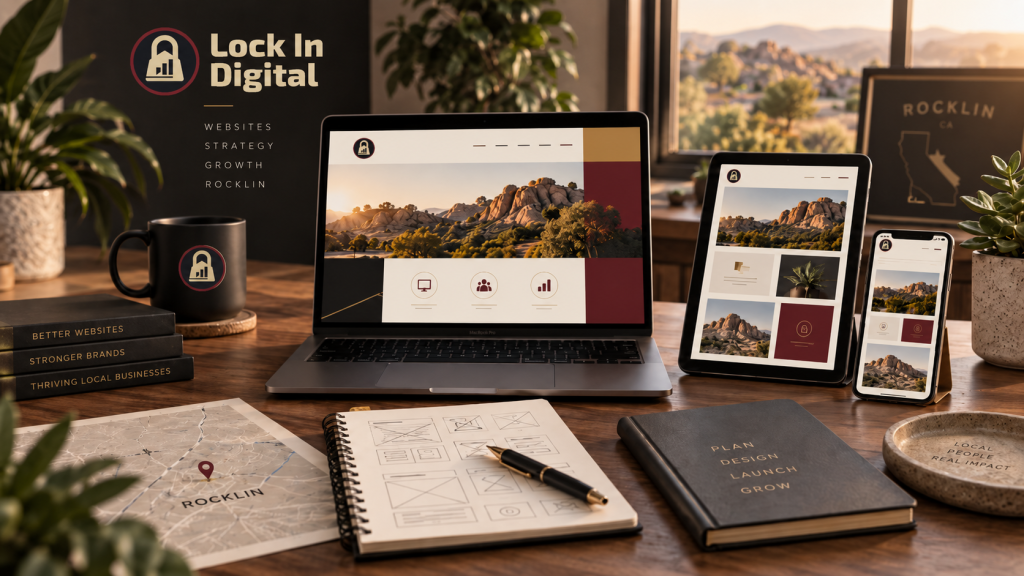 Web design Rocklin CA workspace showing responsive website layouts, wireframes, local business planning, and the Lock In Digital brand.