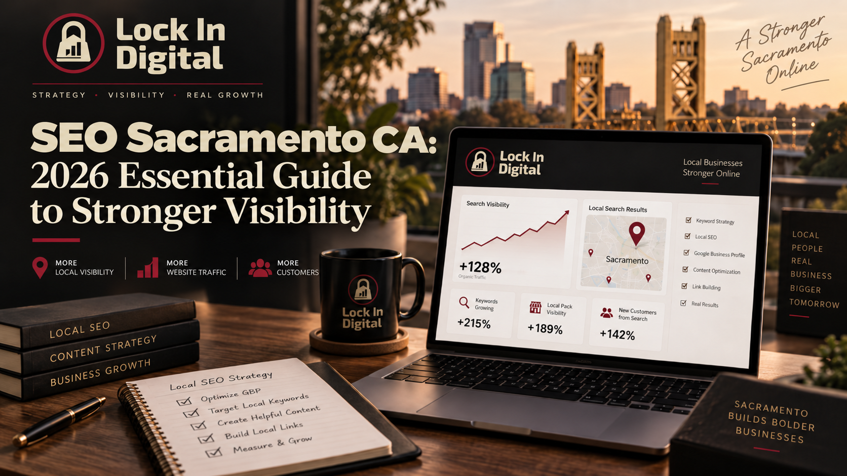 SEO Sacramento CA strategy showing local search visibility, website analytics, Sacramento map results, and Lock In Digital branding.