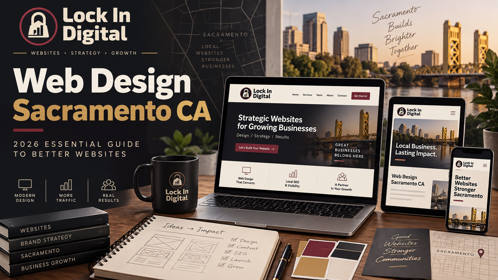 Web design Sacramento CA workspace showing responsive website layouts, Sacramento branding, local business strategy, and Lock In Digital website planning.