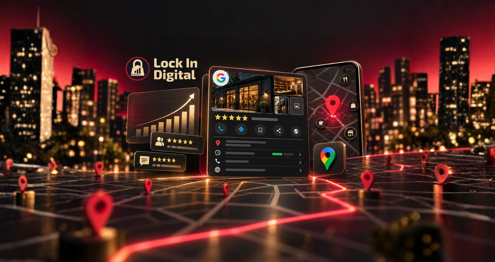 Lock In Digital Google Business Profile featured image showing local search, reviews, Maps, business information, and visibility growth.