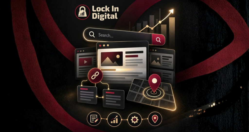 Lock In Digital SEO Guide 2026 featured image with search visibility and SEO graphics.