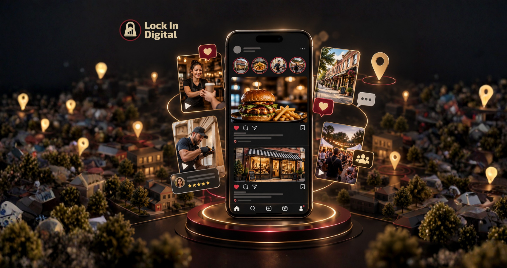 Social media marketing for small business shown through local business content, customer engagement, community connections, and social media posts.